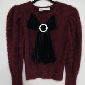 Zara Maroon Sweater with Black Velvet Accent Bow and Faux Rhinestone Buckle S